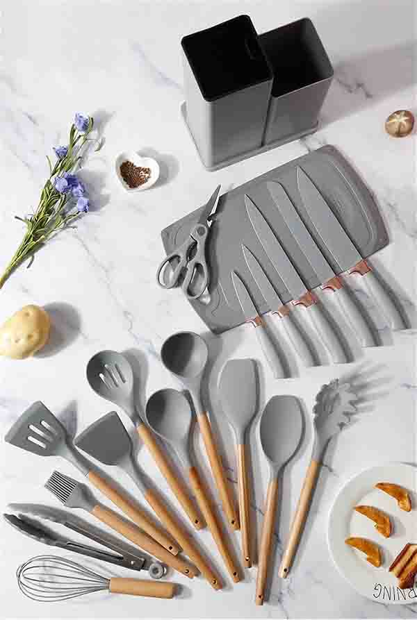Juego de utensilios de cocina de silicona de 19 piezas Gris