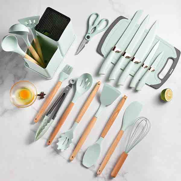 Juego de utensilios de cocina de silicona de 19 piezas Verde Pistacho